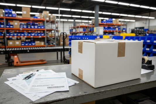 a white box on a warehouse desk with shipping papers on the table