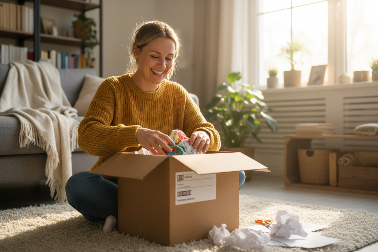 happy woman opening a box that came in the mail